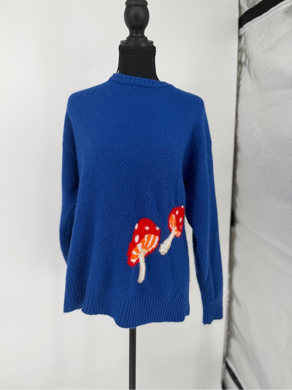 Forever 21 Royal Blue Crewneck Sweater with Red Mushroom Motif